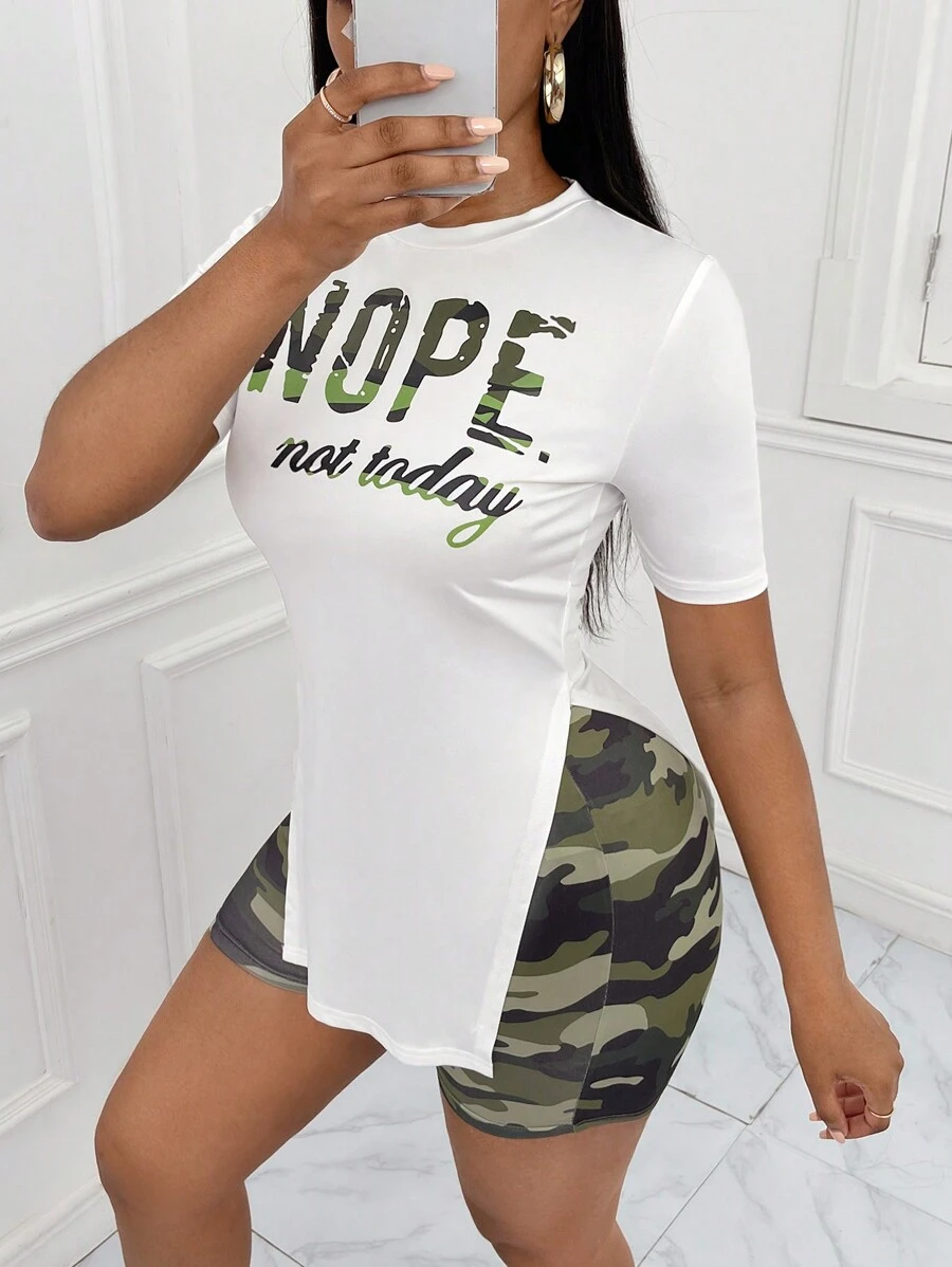 Slaydiva Bộ đồ hai mảnh nữ Chia Ngụy trang Slogan Giải trí - trắng - Xem 1