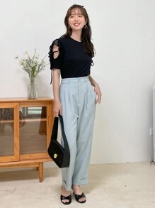 DAZY Áo thun nữ Tương phản Mesh Thắt nút màu trơn Giải trí - màu đen - Xem 10