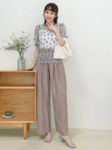 DAZY 纯色抽绳腰阔腿裤，教师裤 - 藕粉色 - 查看 12