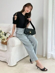 DAZY Áo thun nữ Tương phản Mesh Thắt nút màu trơn Giải trí - màu đen - Xem 11