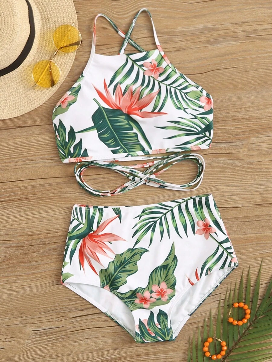 SHEIN Swim Summer Beach Tropical Print High Waisted Bikini Set - Multicolor - View 1