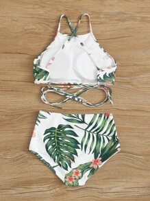 SHEIN Swim Summer Beach Tropical Print High Waisted Bikini Set - Multicolor - View 5
