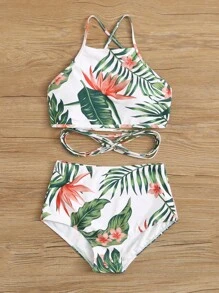 SHEIN Swim Summer Beach Tropical Print High Waisted Bikini Set - Multicolor - View 7