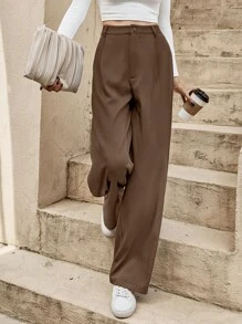 SHEIN Frenchy 女士复古风格度假休闲纯色前排纽扣亚麻直筒裤 - 巧克力棕 - 查看 1