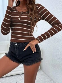 SHEIN EZwear Áo thun nữ Nút Nút phía trước Gân đan Sọc Giải trí - Cà phê nâu - Xem 4