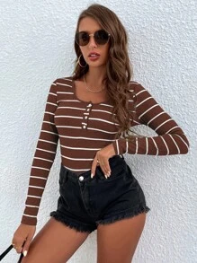 SHEIN EZwear Áo thun nữ Nút Nút phía trước Gân đan Sọc Giải trí - Cà phê nâu - Xem 6