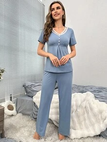 Contrast Lace Button Front PJ Set - Blue - View 4