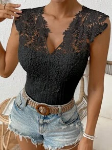 SHEIN Frenchy Women's Tank Top Lace Patchwork French Textured Tank Top