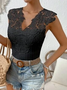 SHEIN Frenchy Women's Tank Top Lace Patchwork French Textured Tank Top