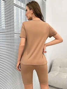 Letter Graphic Half Button Lounge Set - Brown - View 2