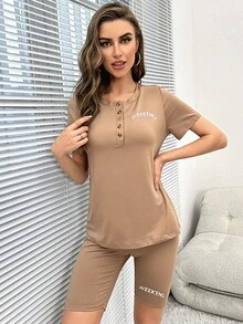 Letter Graphic Half Button Lounge Set - Brown - View 4