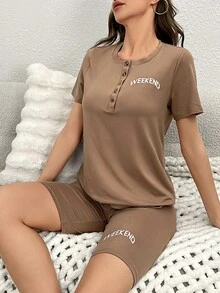 Letter Graphic Half Button Lounge Set - Brown - View 5