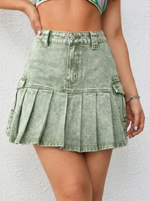SHEIN EZwear 翻蓋口袋百褶下擺牛仔半身裙 - 綠色 - 查看 5
