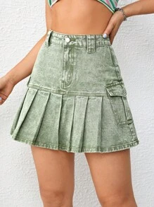 SHEIN EZwear 翻蓋口袋百褶下擺牛仔半身裙 - 綠色 - 查看 3