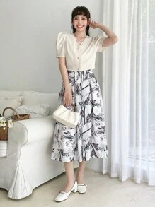 DAZY Solid Button Front Puff Sleeve Crop Blouse - Beige - View 9