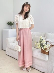 DAZY Solid Button Front Puff Sleeve Crop Blouse - Beige - View 10