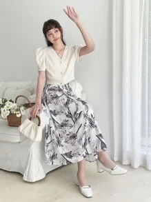 DAZY Solid Button Front Puff Sleeve Crop Blouse - Beige - View 11