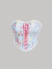 SHEIN MOD Floral Print Lace Up Front Tube Top - Multicolor - View 1