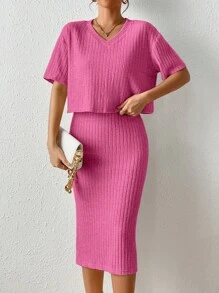 SHEIN Frenchy Drop Shoulder Tee & Ribbed Knit Skirt Christmas Summer Casual - Hot Pink - View 3