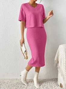 SHEIN Frenchy Drop Shoulder Tee & Ribbed Knit Skirt Christmas Summer Casual - Hot Pink - View 4