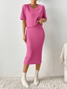 SHEIN Frenchy Drop Shoulder Tee & Ribbed Knit Skirt Christmas Summer Casual - Hot Pink - View 5