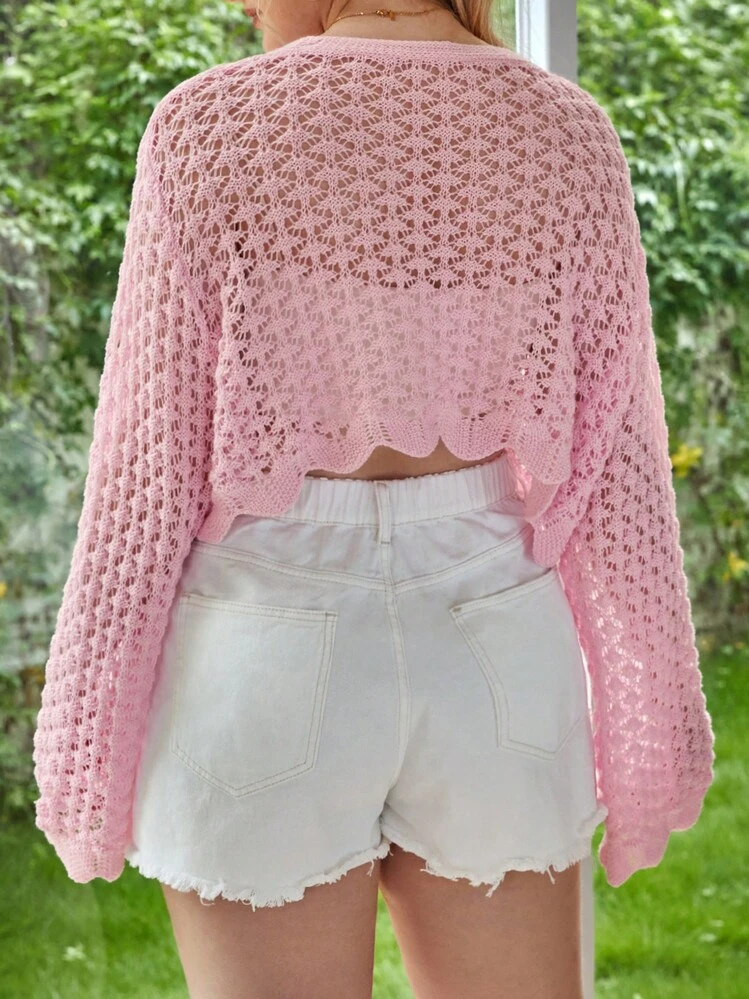 SHEIN VCAY עניבה קדמית פשוט קז'ואל קרדיגן במידה גדולה - ורוד - ראה 2