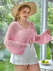 SHEIN VCAY áo hở cổ kích thước lớn Thắt nơ trước màu trơn Giải trí - Hồng - Xem 3