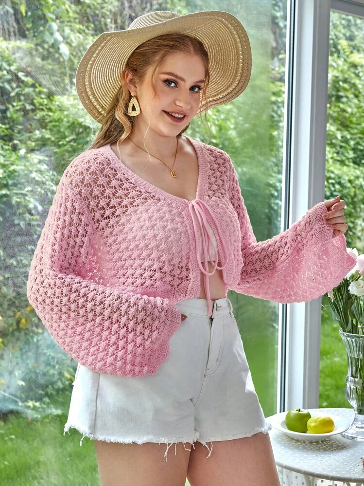 SHEIN VCAY עניבה קדמית פשוט קז'ואל קרדיגן במידה גדולה - ורוד - ראה 3