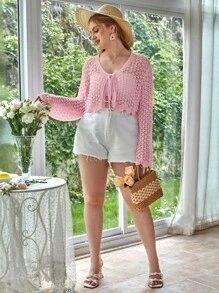 SHEIN VCAY áo hở cổ kích thước lớn Thắt nơ trước màu trơn Giải trí - Hồng - Xem 4