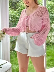 SHEIN VCAY áo hở cổ kích thước lớn Thắt nơ trước màu trơn Giải trí - Hồng - Xem 5