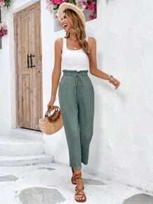 SHEIN Frenchy Paperbag Waist Knot Front Pants - Army Green - View 1