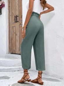 SHEIN Frenchy Paperbag Waist Knot Front Pants - Army Green - View 2