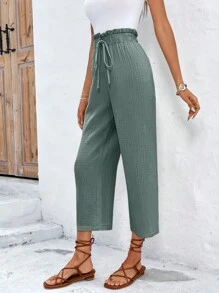 SHEIN Frenchy Paperbag Waist Knot Front Pants - Army Green - View 3