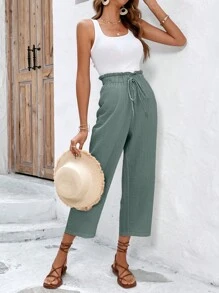 SHEIN Frenchy Paperbag Waist Knot Front Pants - Army Green - View 5