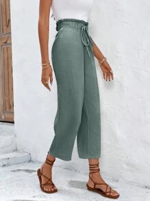 SHEIN Frenchy Paperbag Waist Knot Front Pants - Army Green - View 6