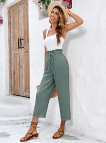 SHEIN Frenchy Paperbag Waist Knot Front Pants - Army Green - View 7