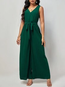 SHEIN Clasi 素色百褶闊腿腰帶連身褲 - 墨綠色 - 查看 2