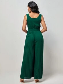 SHEIN Clasi 素色百褶闊腿腰帶連身褲 - 墨綠色 - 查看 3