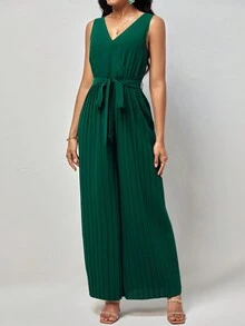 SHEIN Clasi 素色百褶闊腿腰帶連身褲 - 墨綠色 - 查看 5