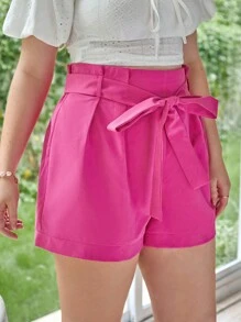 SHEIN VCAY 大碼紙袋腰附腰帶短褲 - 玫紅色 - 查看 4