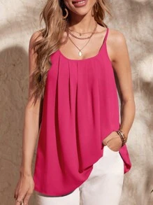 SHEIN LUNE Solid Plicated Detail Cami Top - Pink - View 1