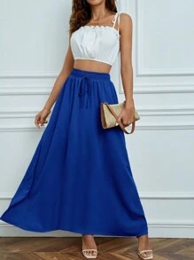 SHEIN Tall Solid Drawstring Waist Maxi Skirt - Royal Blue - View 3