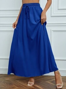 SHEIN Tall Solid Drawstring Waist Maxi Skirt - Royal Blue - View 4