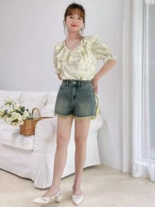 DAZY 斜口袋毛邊牛仔短褲 - 中等水洗藍 - 查看 7