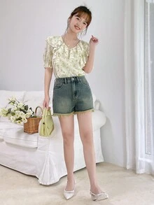 DAZY 斜口袋毛邊牛仔短褲 - 中等水洗藍 - 查看 8