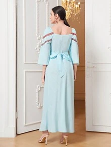 Mulvari Đầm Thắt nút Buộc lại Thêu Tua Ruy băng Hình học In chữ V Thanh lịch - Màu xanh nhạt - Xem 2