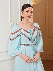 Mulvari Đầm Thắt nút Buộc lại Thêu Tua Ruy băng Hình học In chữ V Thanh lịch - Màu xanh nhạt - Xem 5