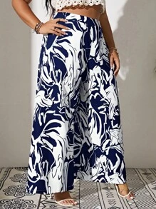 SHEIN VCAY 大碼滿版印花闊腿褲 - 藍白色 - 查看 1