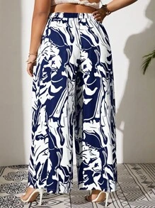 SHEIN VCAY 大碼滿版印花闊腿褲 - 藍白色 - 查看 2