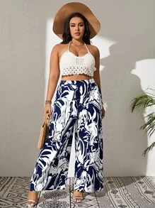 SHEIN VCAY 大碼滿版印花闊腿褲 - 藍白色 - 查看 4